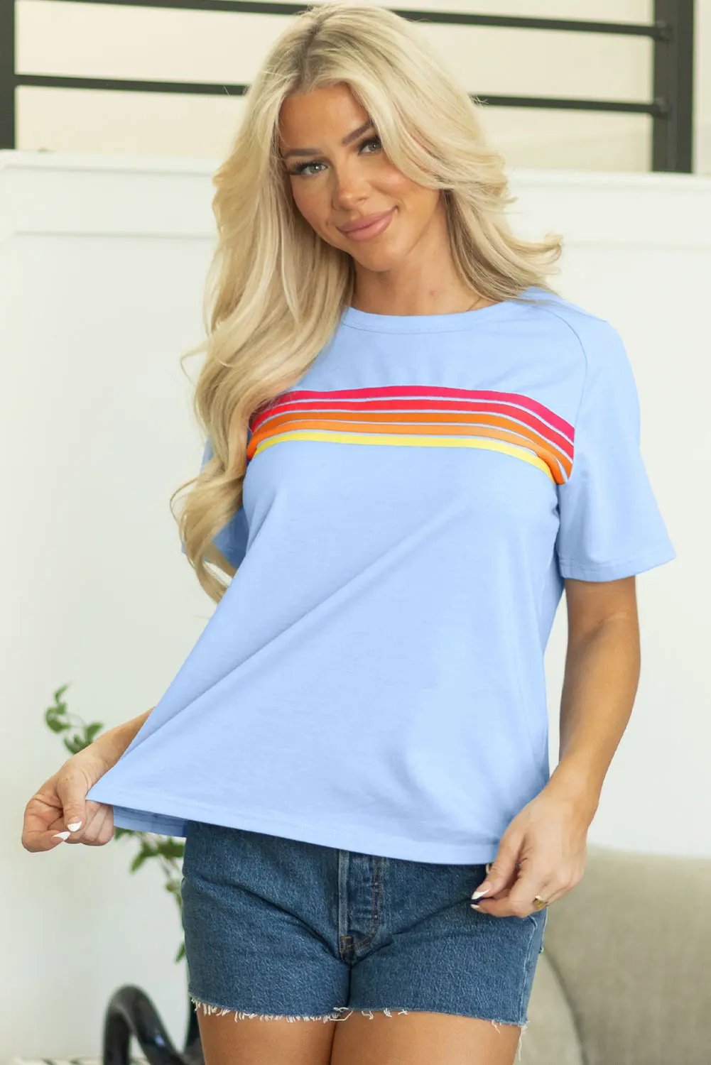 Women's Striped Top Women's Top - Striped Blue Patch Detail - Everyday Casual
