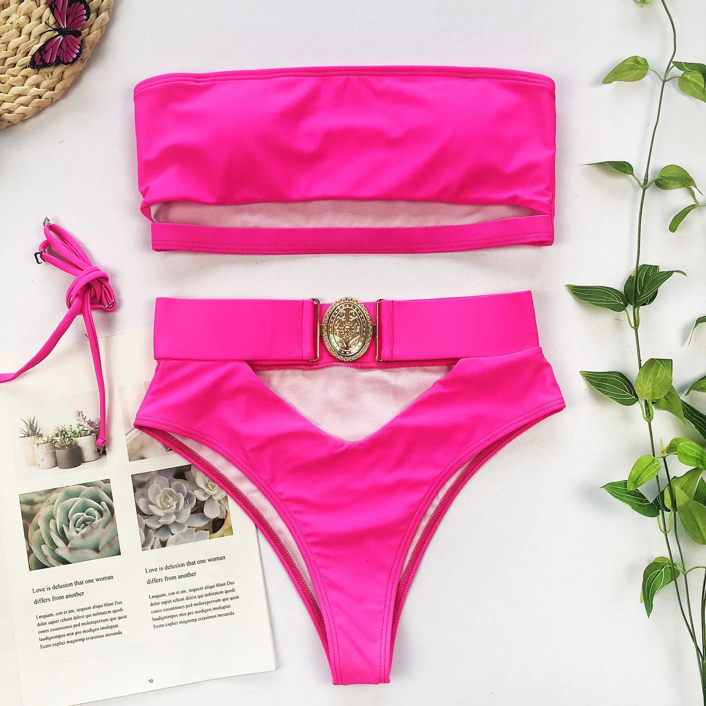 Chic Metal Buckle Strapless Bikini Swimsuit for Women