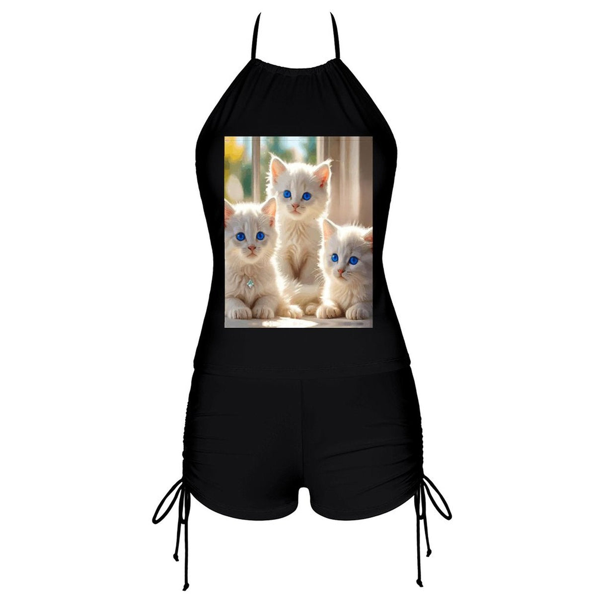 Fluffy White Kittens with Blue Eyes Tankini Swimsuit with Shorts for Women (Front Printing)