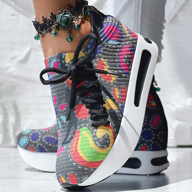 Women's Random Print Side Lace-Up Elastic Sport Shoes, Comfortable Slip-On Sneakers For Women, Casual Daily Wear Footwear See size chart under “more details”