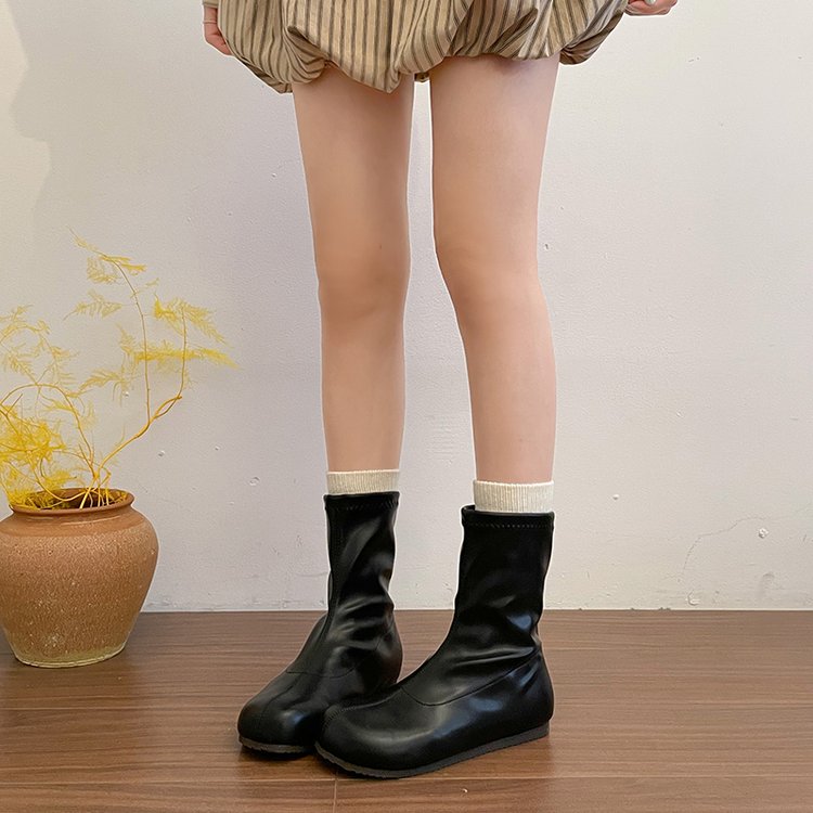 Women's Off White French Style Ankle Boots Chunky Head Martin Boots Brown Slim Fit Short Boots