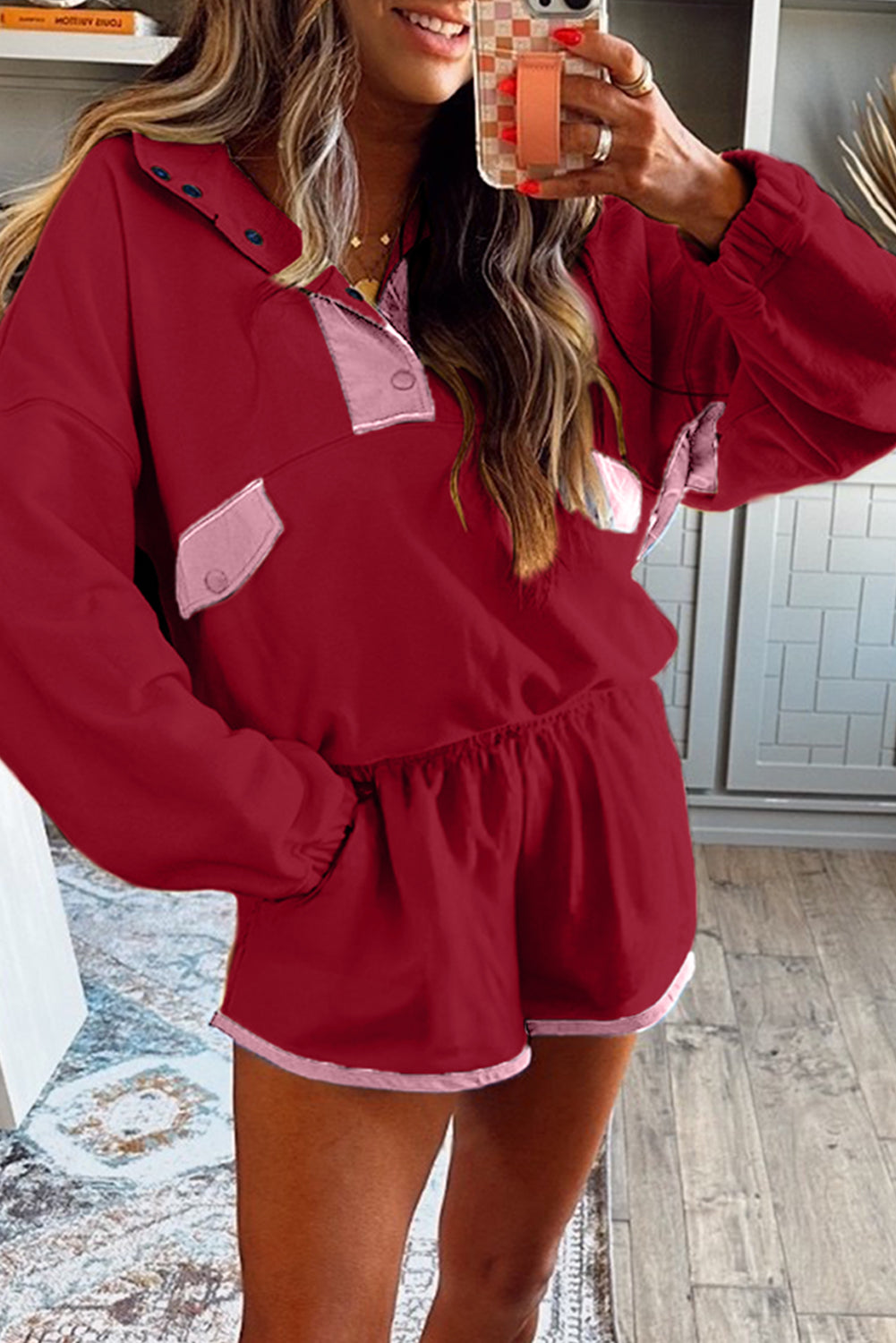 Conjunto de Sudadera de Medio Botón y Pantalones Cortos con Bloques de Color y Retazos Red Dahlia