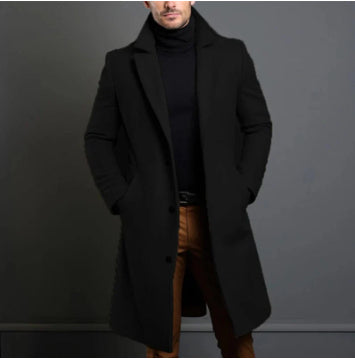 Winter Lapel Trench Coat Fashion Pocket Single Breasted Jacket Outerwear Casual Solid Color Men's Clothing