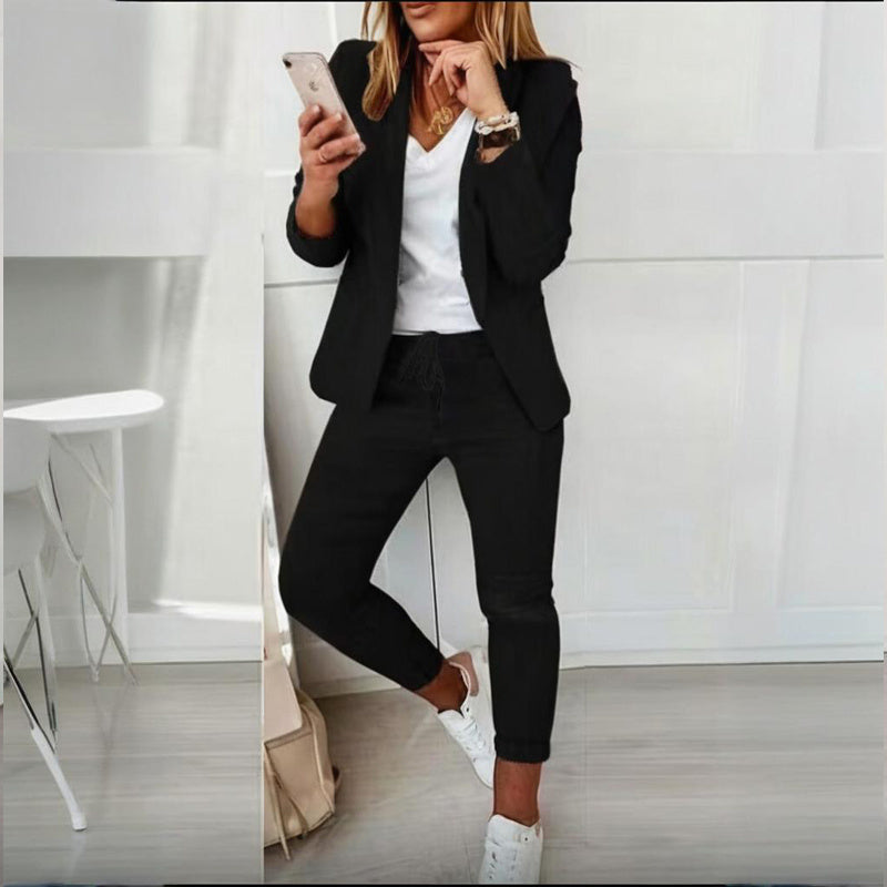 Conjunto de traje de saco con solapa de muesca y pantalón con cordón para mujer