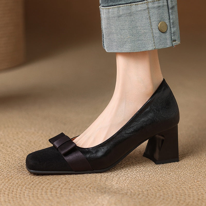 Women's Retro Square-Toe Chunky Heel Bow Pumps