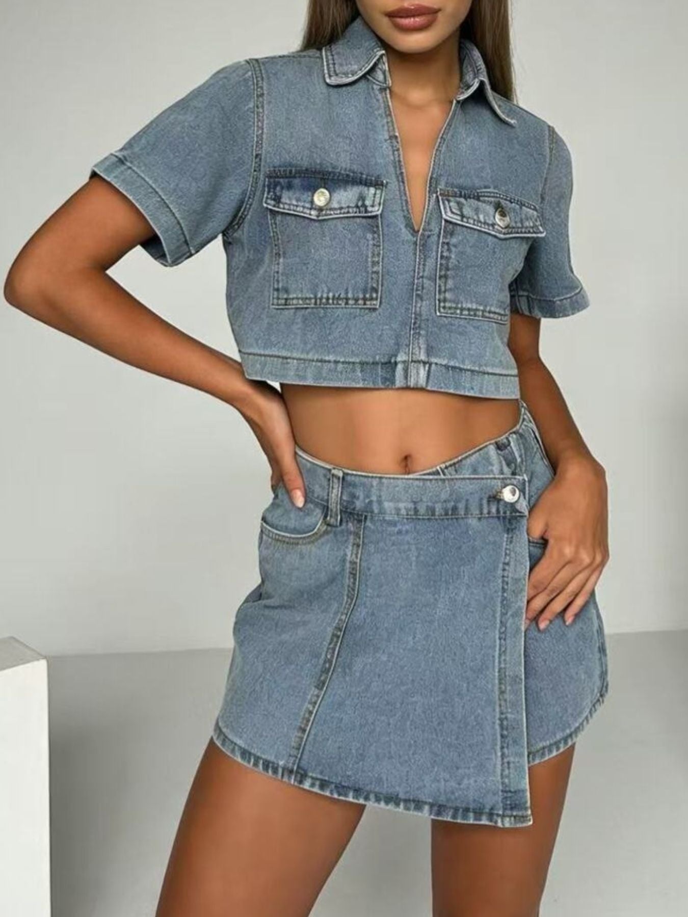 Short Sleeve Cropped Top and Skort Denim Set