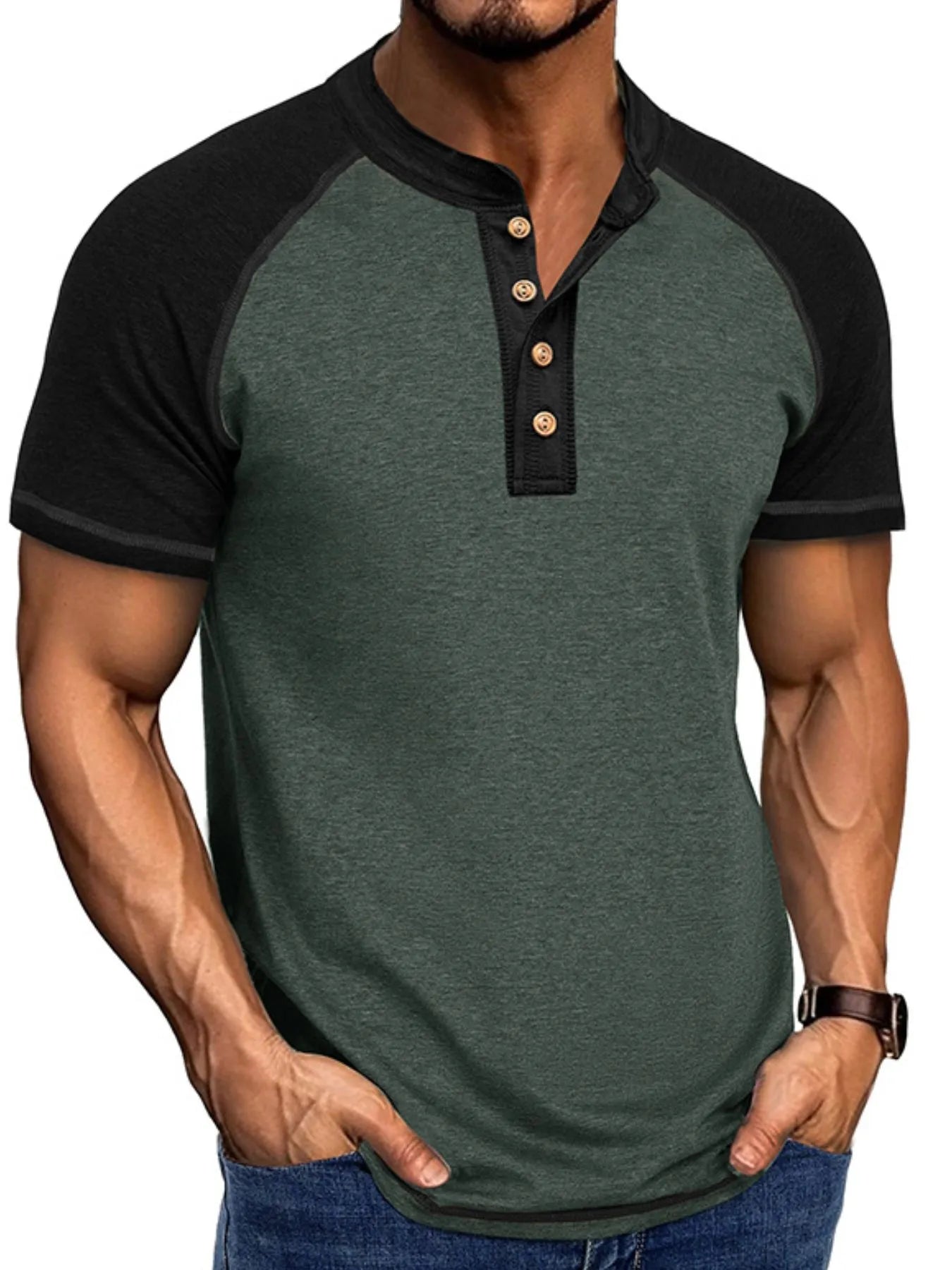 Camiseta Henley Raglán para Hombre con Bloques de Color