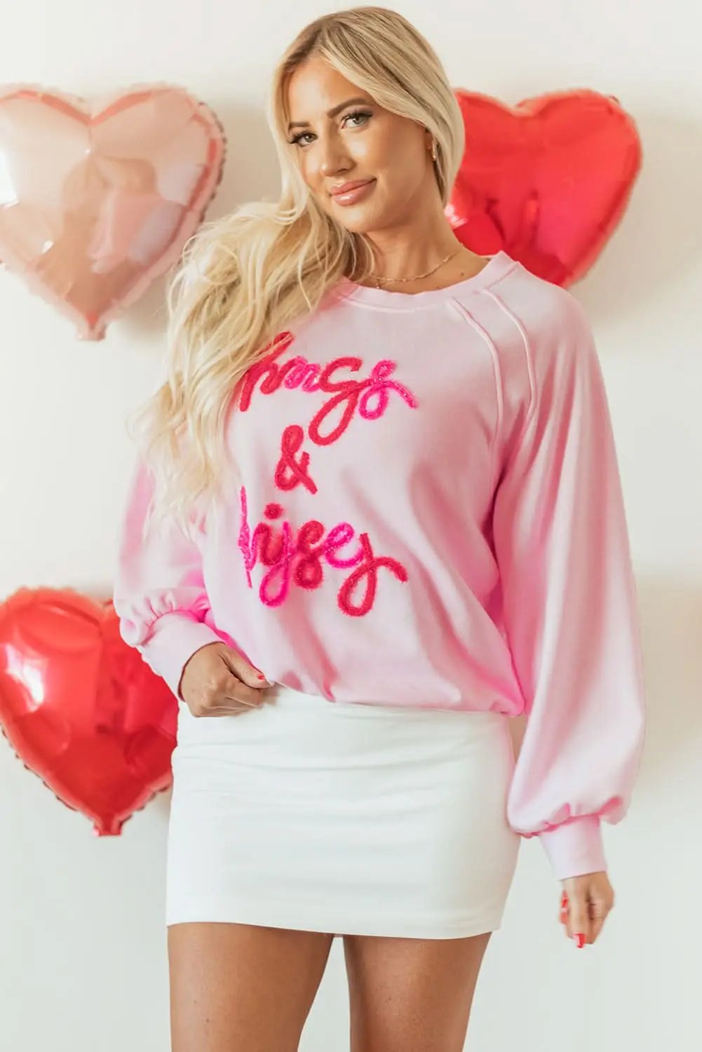 Love Salve Women's Embroidered Sweatshirt Pink Raglan Crew Neck