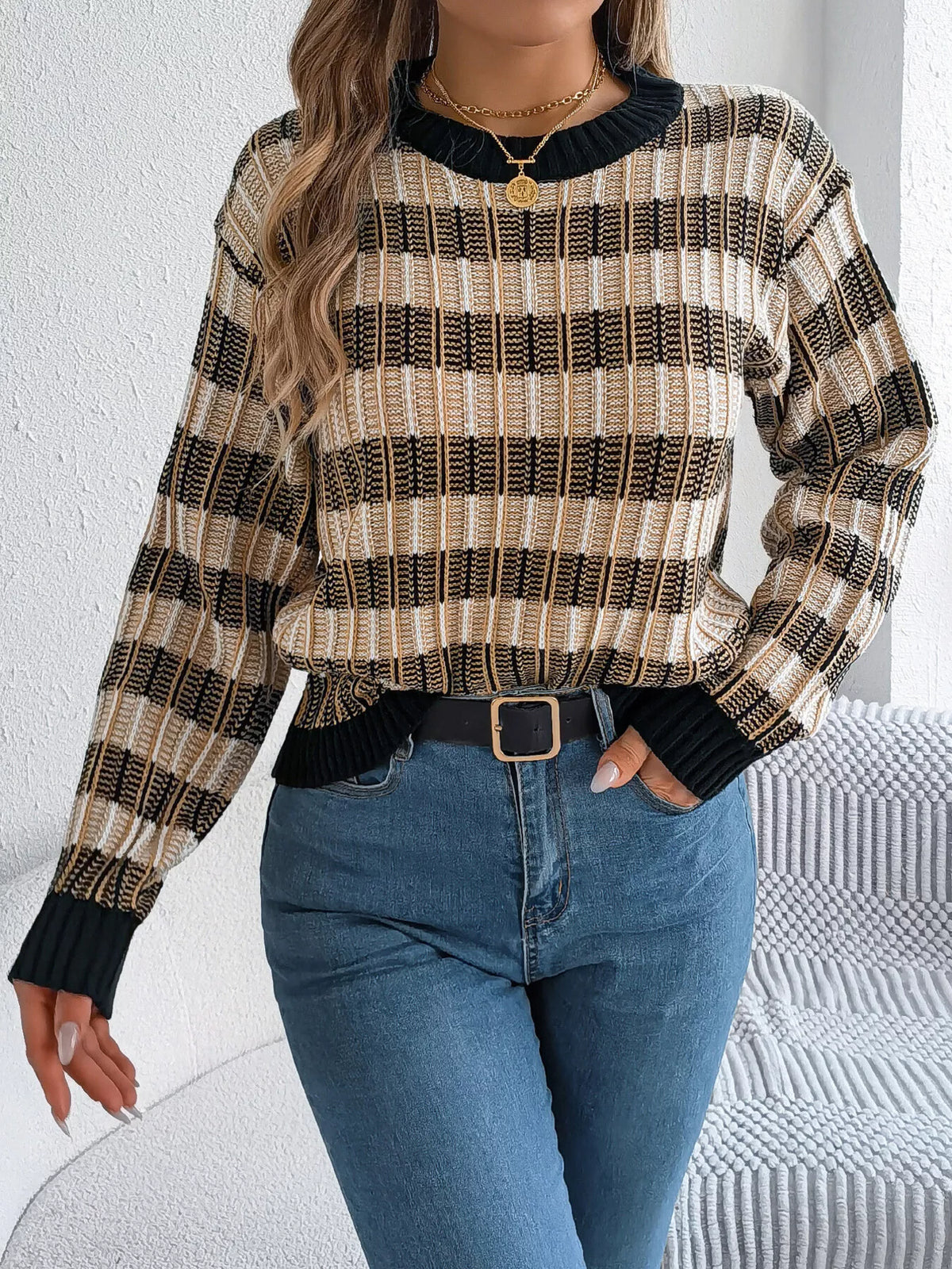 Striped Round Neck Long Sleeve Sweater