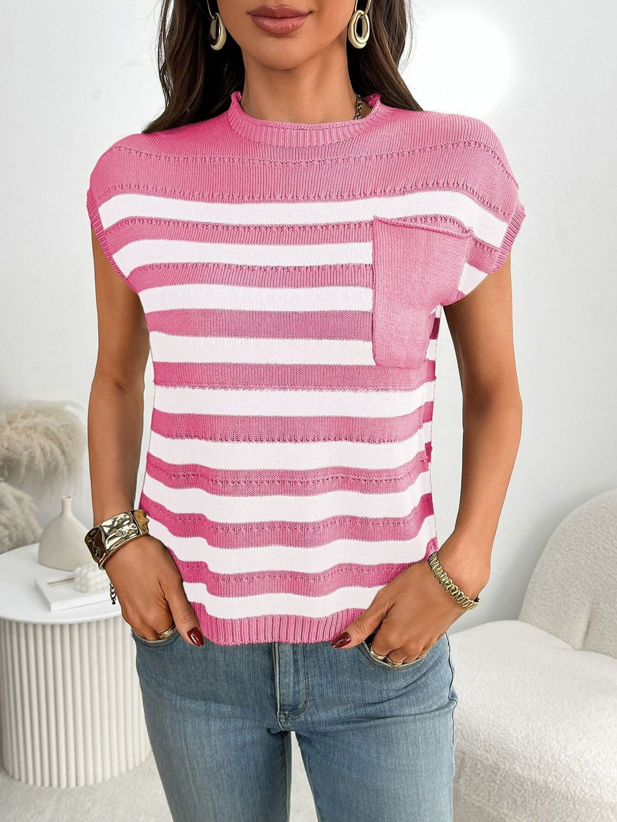 Striped Knit Pocket Detail Cap Sleeve Sweater