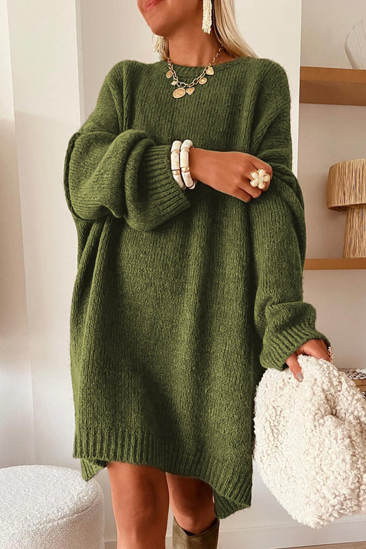 Vestido Verde Oversize de Punto Holgado con Hombros Caídos