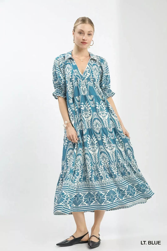 Umgee Two-tone Border Print Midi Dress