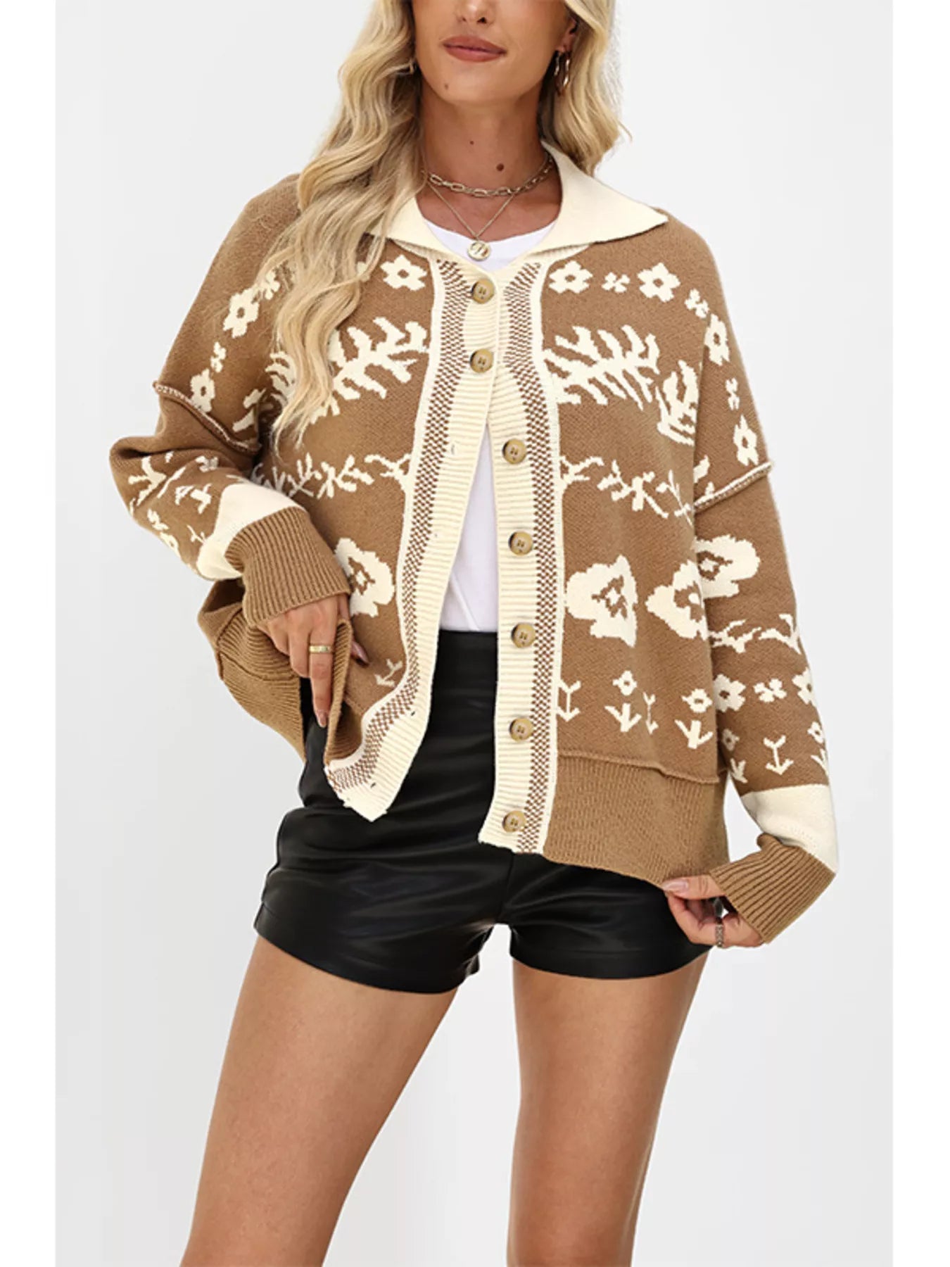 Floral Pattern Knit Cardigan with Contrast Collar