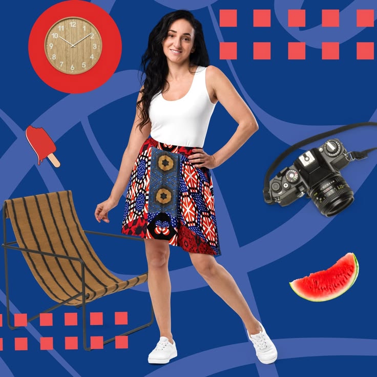 Women's USA Red White and Blue Block Pattern Skater Skirt