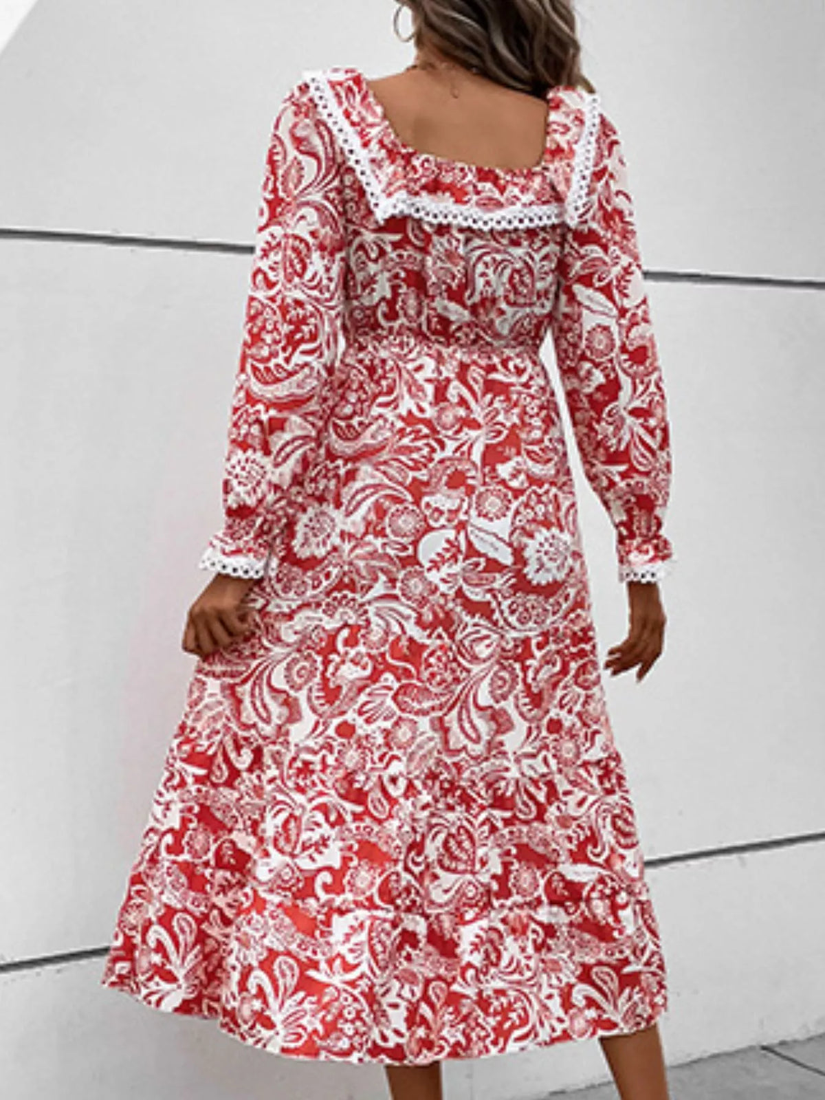 Printed Square Neck Long Sleeve Dress