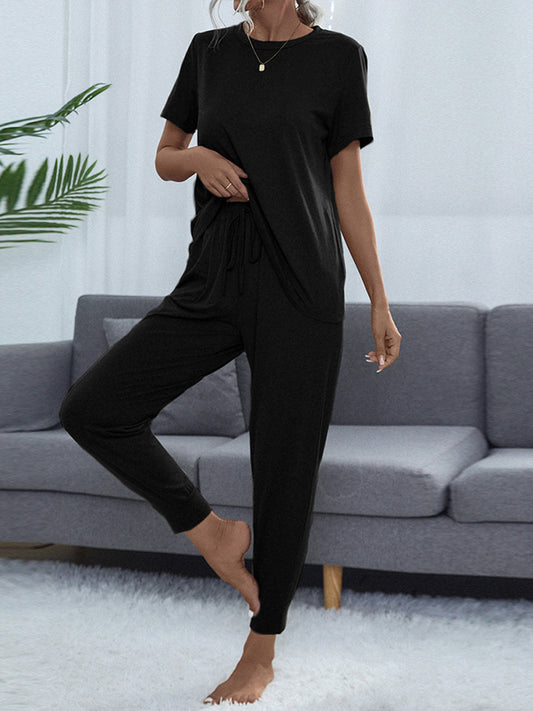 Conjunto de top y pantalón de manga corta con cuello redondo brillante