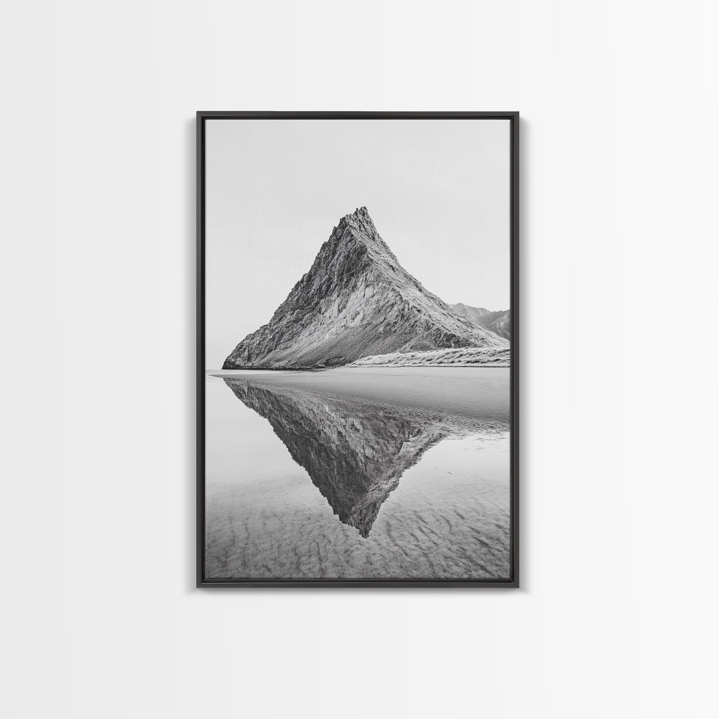 Mountain Mirror, Coastal Peak, Serene Beach, Canvas Print, Minimalist Landscape Art, Modern Living Room Wall Decor, Monochrome Nature Style