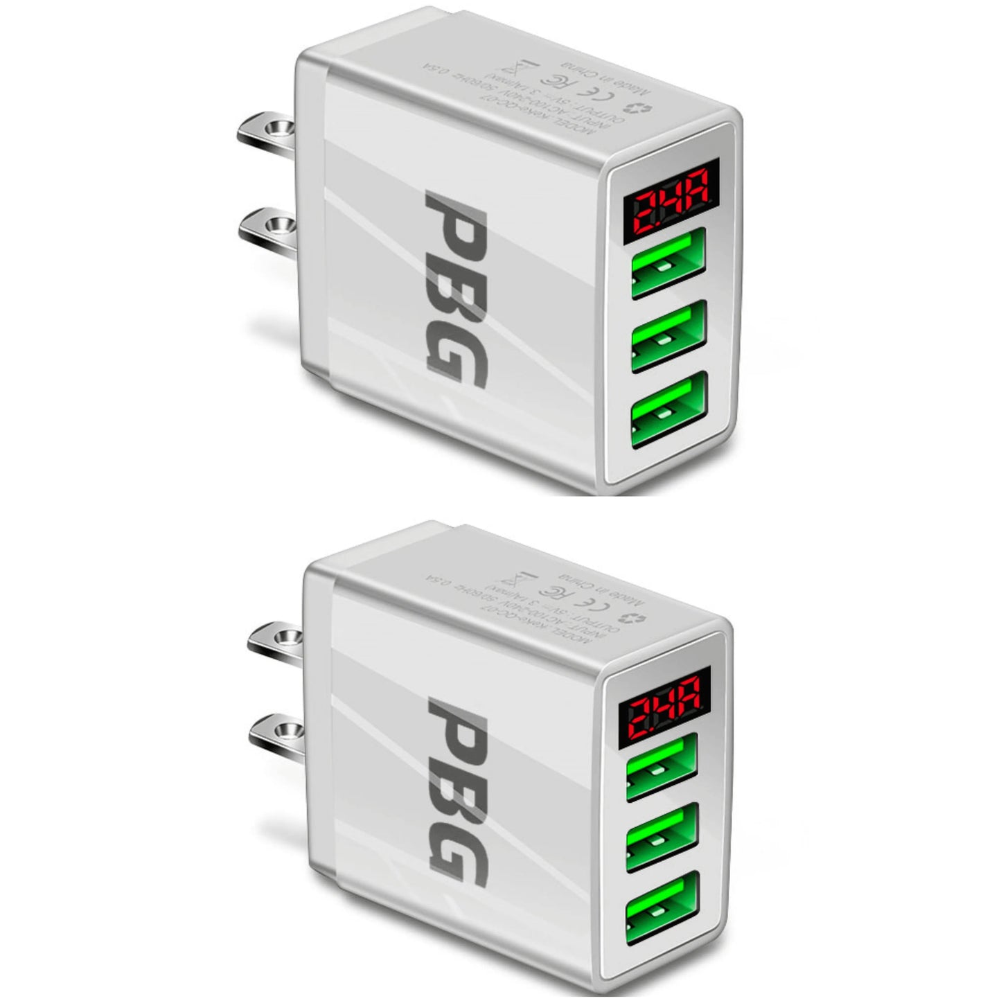 3-Port 2 pack USB Quick Wall Charger with LED Voltage Display - Safe & Fast Charging