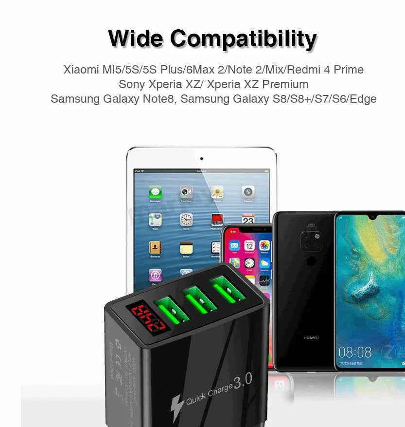3-Port 2 pack USB Quick Wall Charger with LED Voltage Display - Safe & Fast Charging