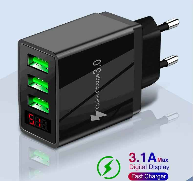 3-Port 2 pack USB Quick Wall Charger with LED Voltage Display - Safe & Fast Charging