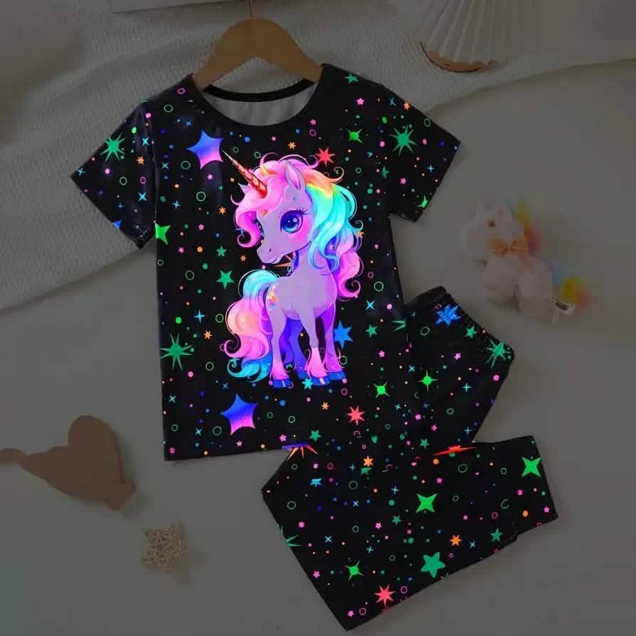 2-Piece Set: Cute Starry Unicorn Pattern Short Sleeve Top + Jogger Pants Co-ords Set