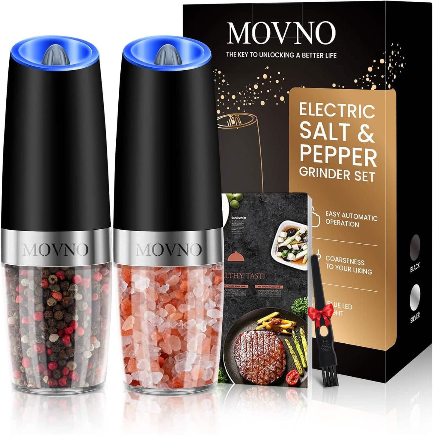 2-Piece Set: Gravity Electric Salt and Pepper Grinder Set, Battery Powered LED Light One Hand Automatic Operation