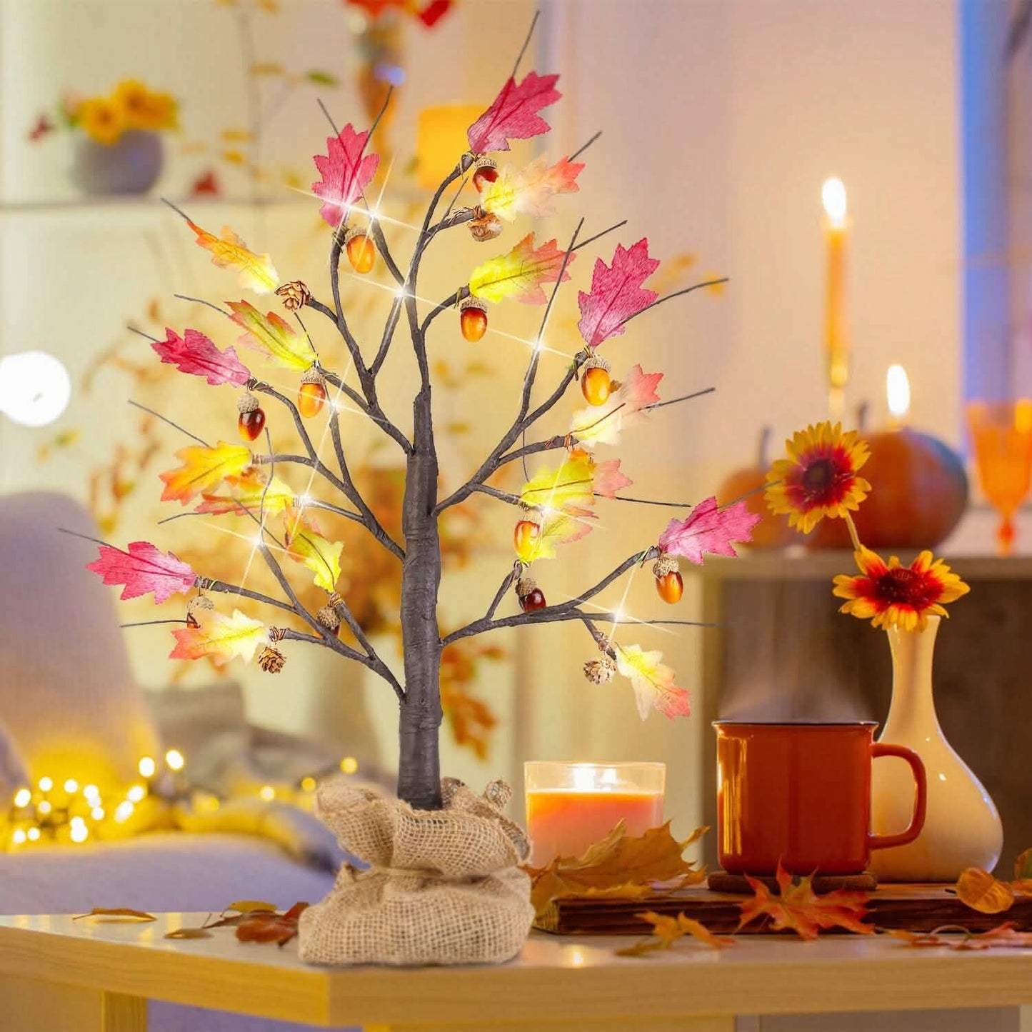 2-Pieces: 2FT Artificial Lighted Maple Tree with 24-Pieces Warm White LED Beads