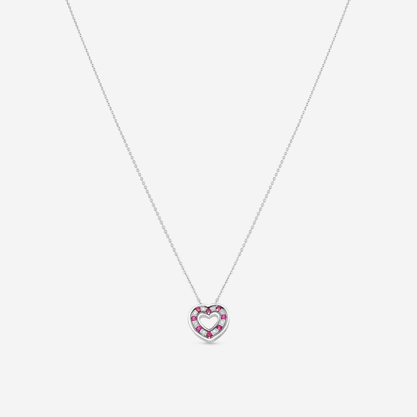 Damiani 18K Whıte Gold Diamond & Rubies Heart Pendant Necklace 20061334
