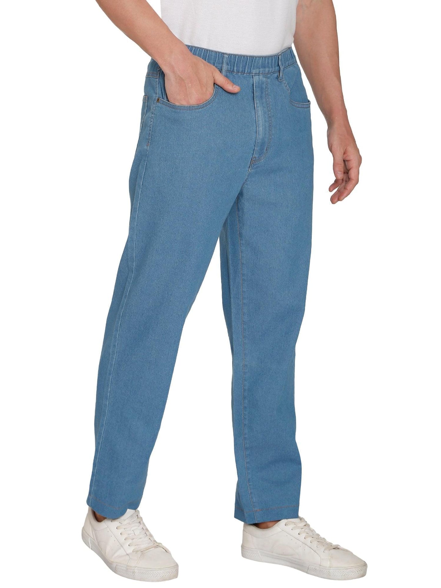 Pantalones vaqueros de mezclilla y sarga informales de hombre con cintura elástica sin cierre