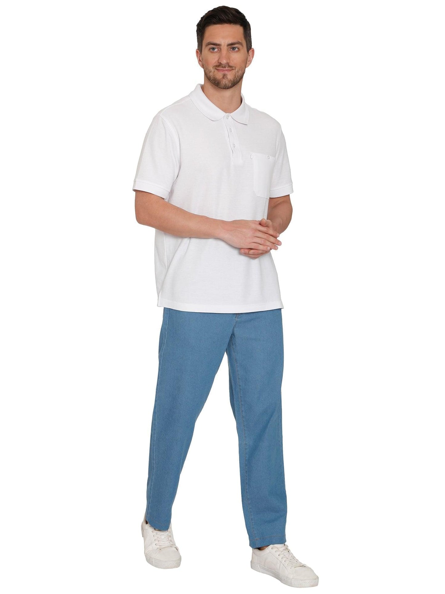 Pantalones vaqueros de mezclilla y sarga informales de hombre con cintura elástica sin cierre