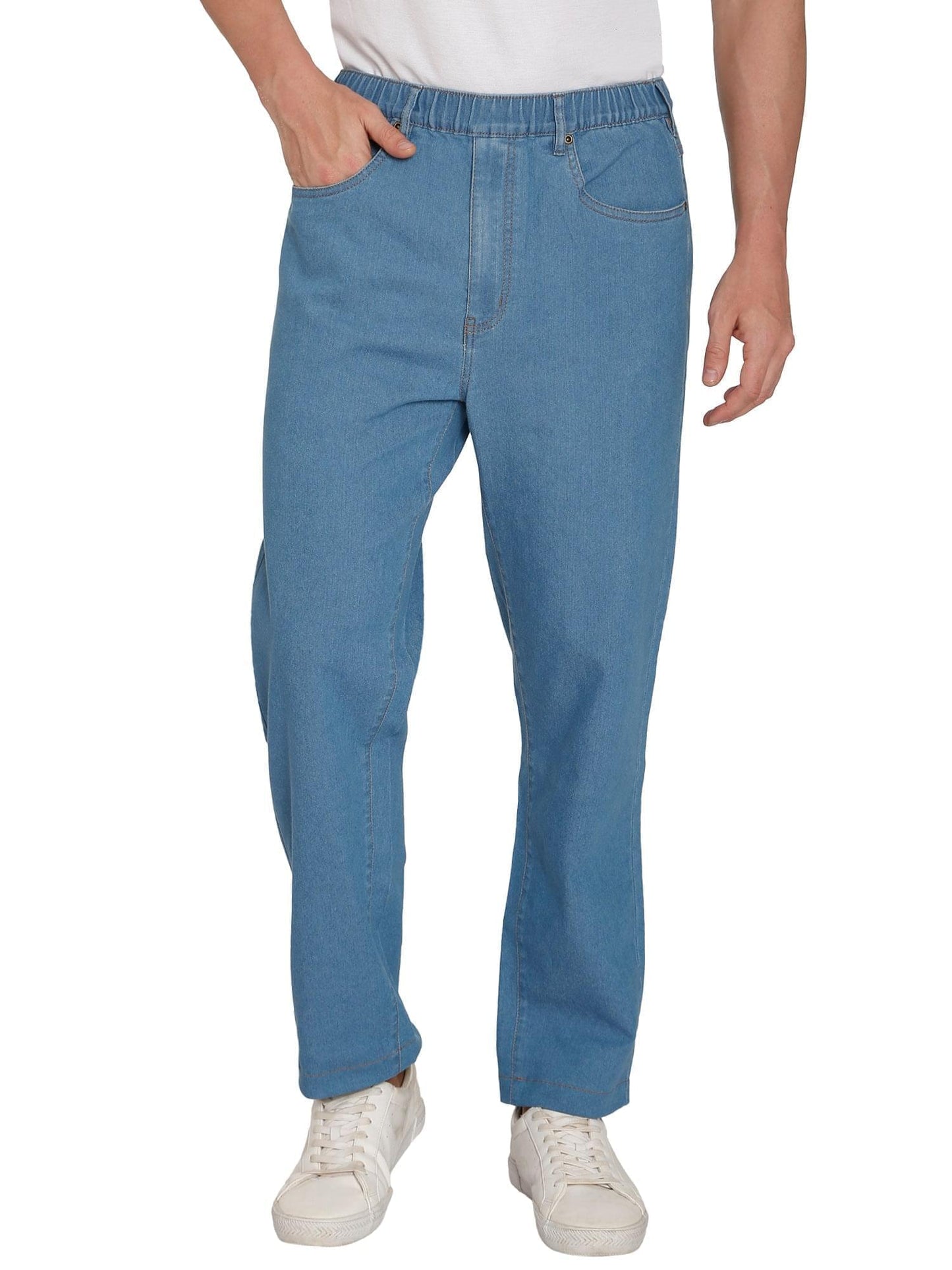 Pantalones vaqueros de mezclilla y sarga informales de hombre con cintura elástica sin cierre