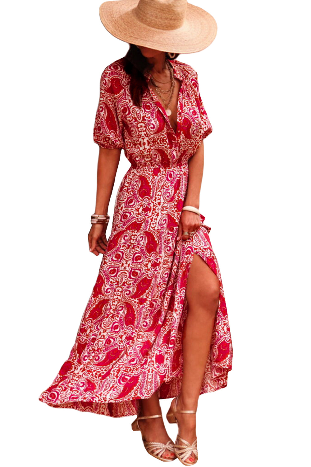Vestido maxi con estampado de cachemir rojo, abertura lateral, manga farol y cintura alta