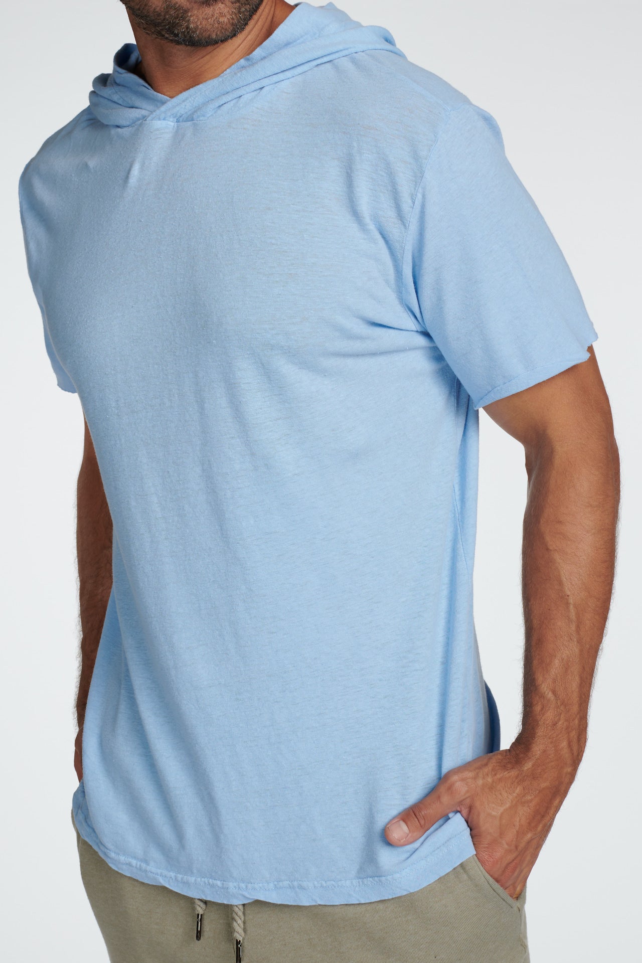 Sudadera con capucha de manga corta de mezcla de lino para hombre