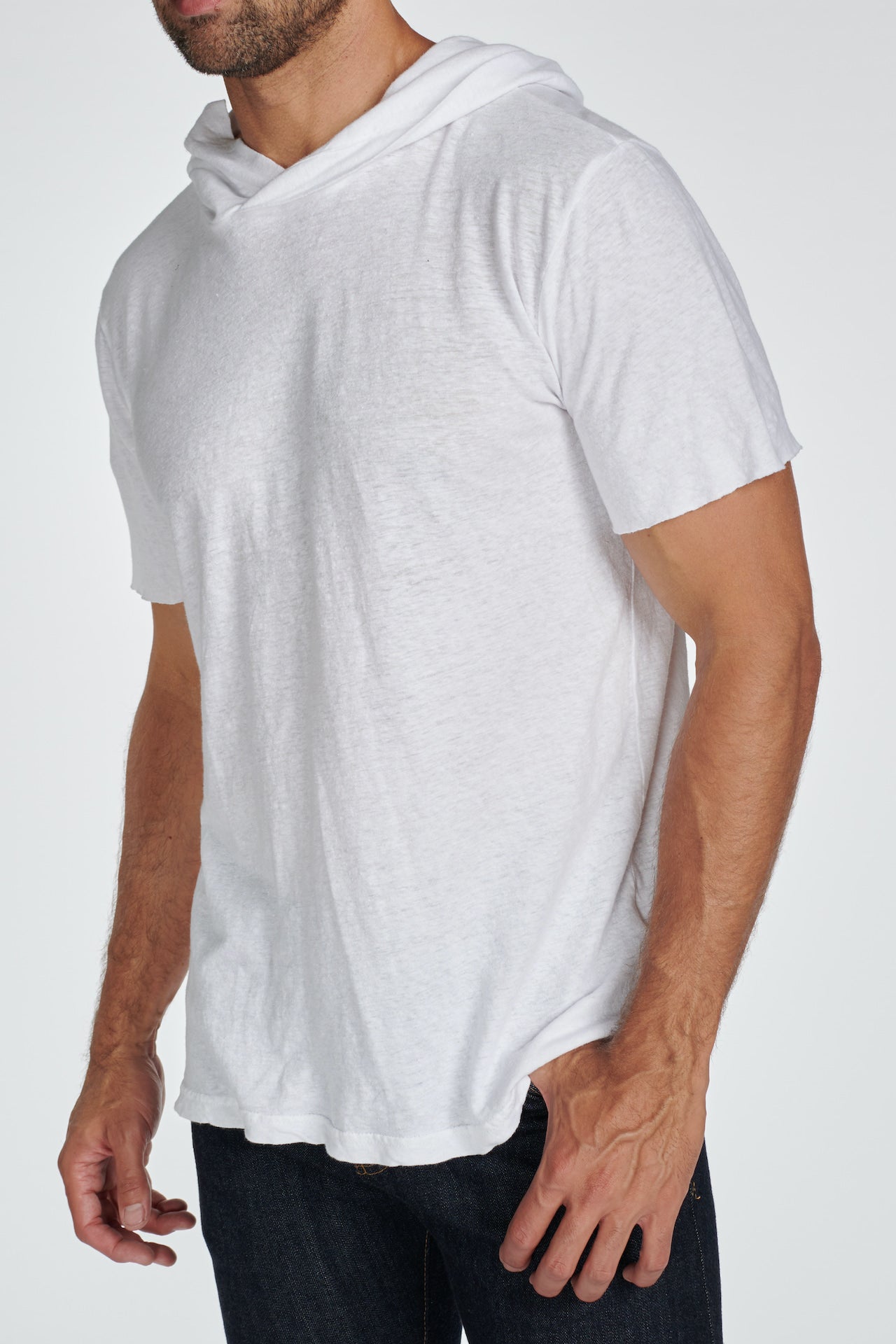Sudadera con capucha de manga corta de mezcla de lino para hombre