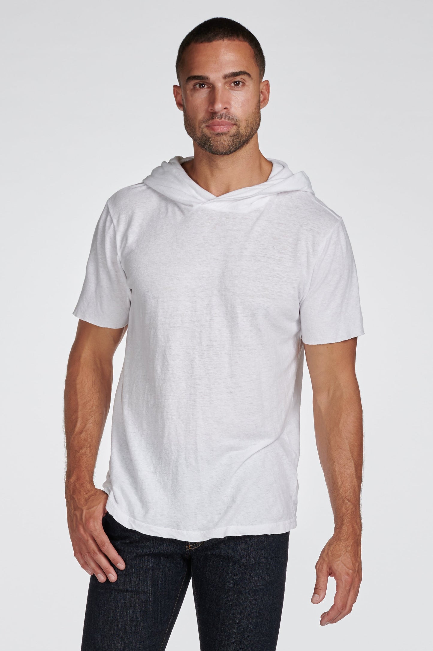 Sudadera con capucha de manga corta de mezcla de lino para hombre