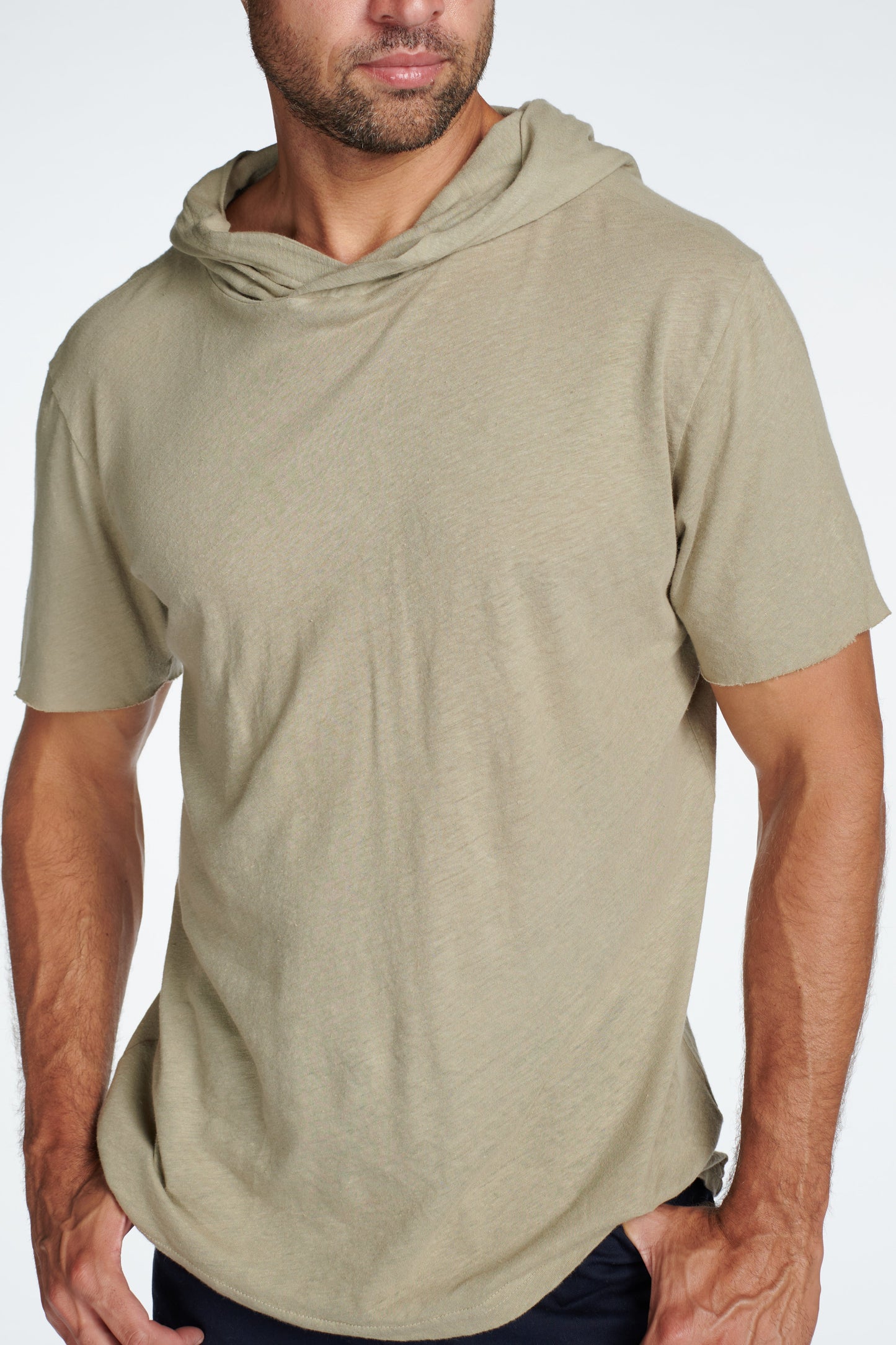 Sudadera con capucha de manga corta de mezcla de lino para hombre
