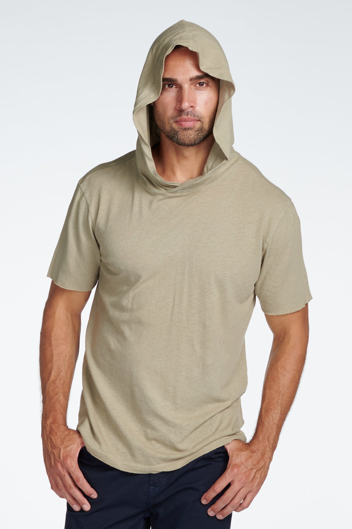 Sudadera con capucha de manga corta de mezcla de lino para hombre