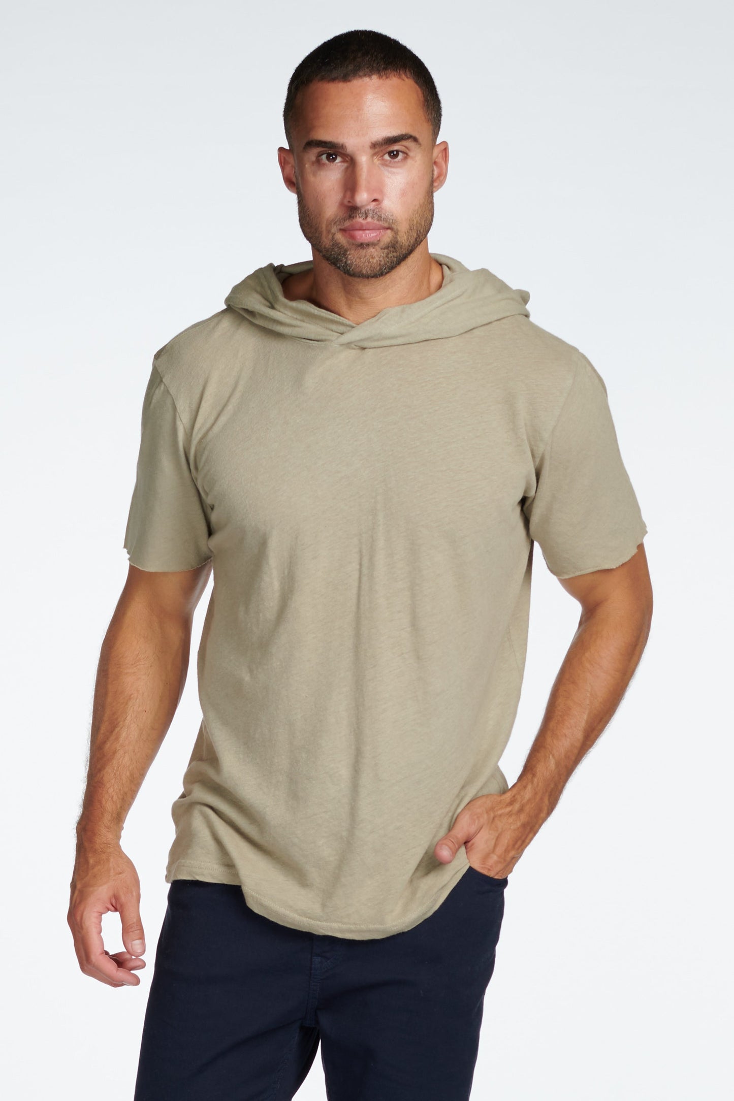 Sudadera con capucha de manga corta de mezcla de lino para hombre