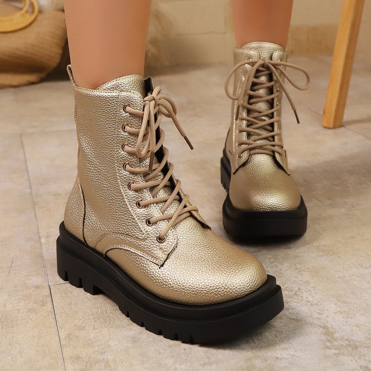 Leather Short Tube Lace-Up Round-Toe Platform Boots