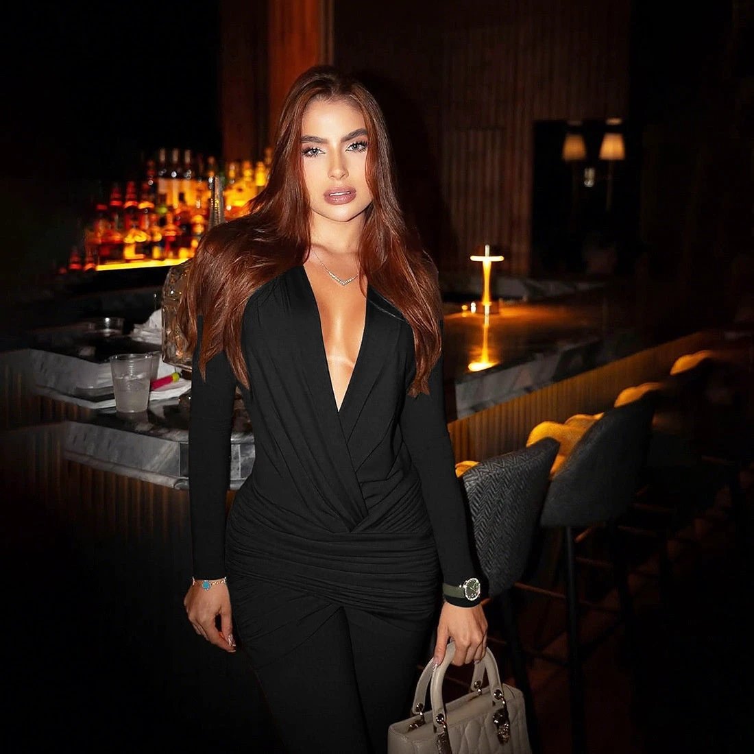 New Women's Fashion Sexy Deep V Long Sleeve Slim Fit Flared Jumpsuit