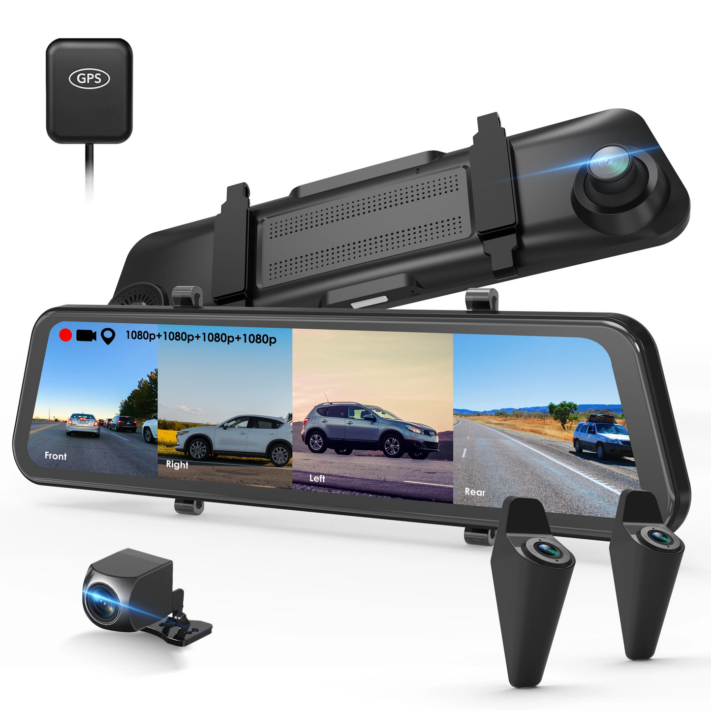 REXING M2-4 Cámara de tablero con espejo de 4 canales, pantalla táctil de 12", 1080p con GPS