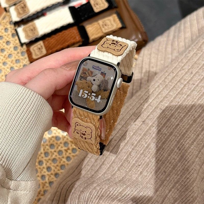 Correa de terciopelo de oso de estilo retro con cierre de velcro para Apple Watch