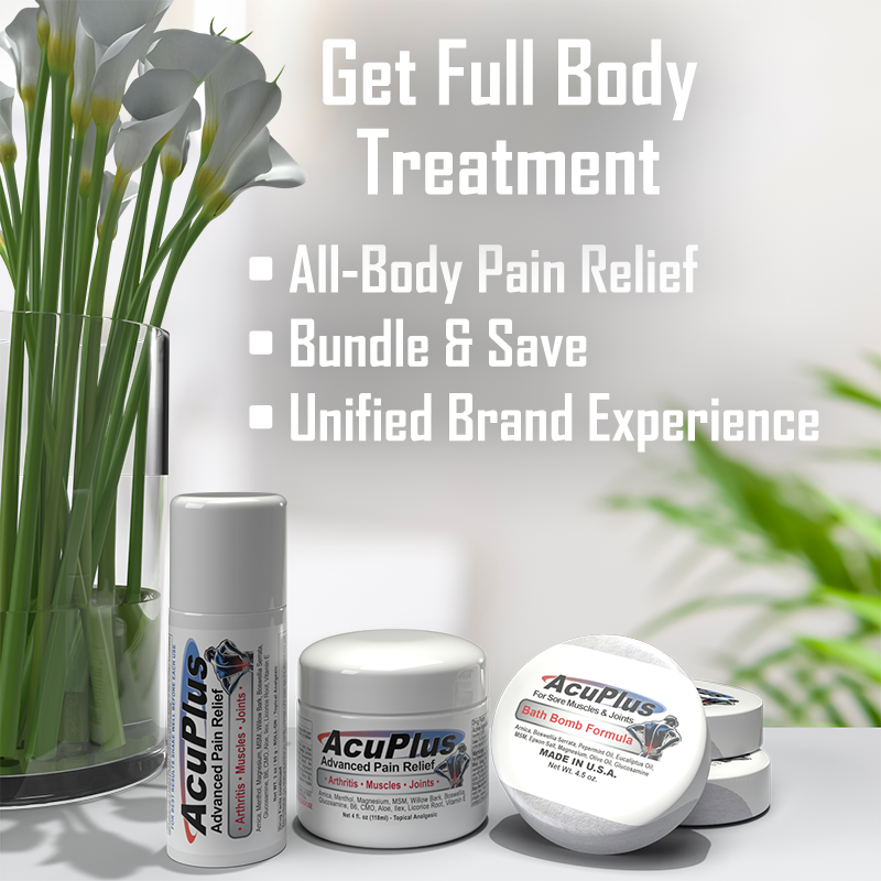 AcuPlus Ultimate Pain Relief Combo – 3 bombas de baño + roll-on de 85 g + tarro de 113 g