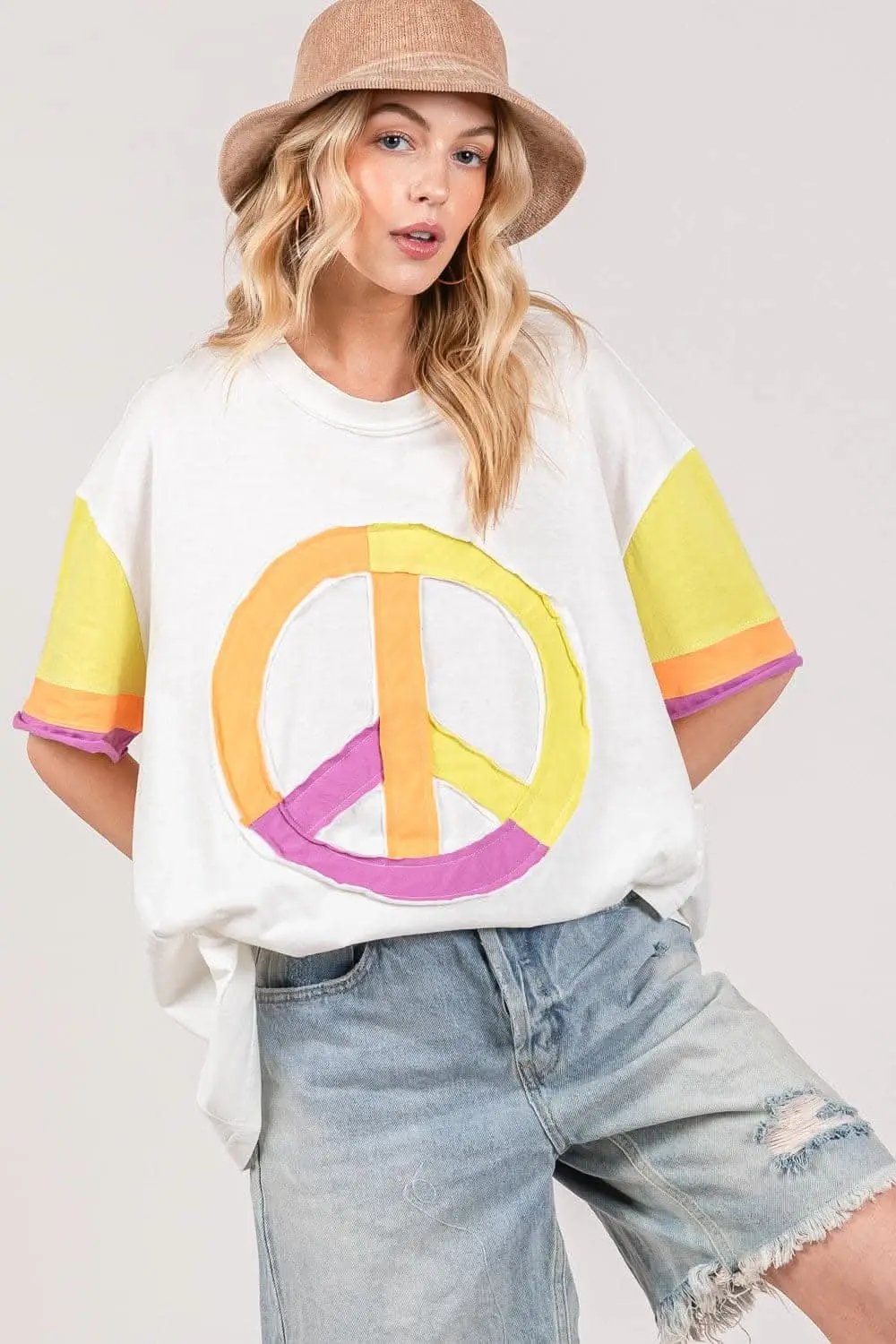 Shorts Trendsi Color Block Peace Tee Women's Casual T-Shirt Soft & Comfy