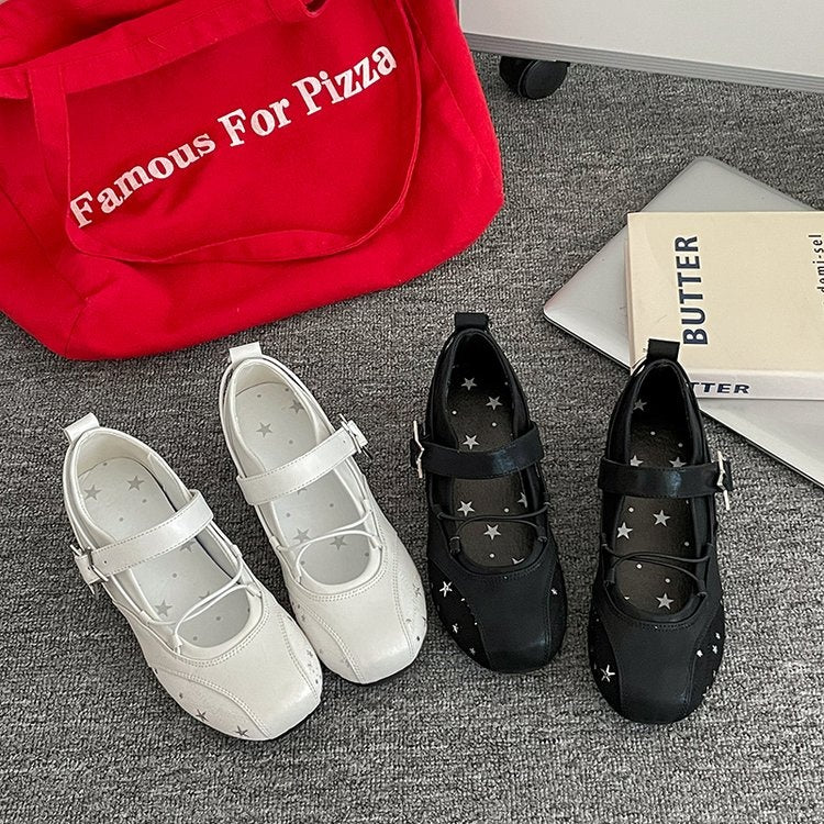 White Star Embroidery Mary Jane Flats Women Square Toe Buckle Strap Ballet Flat Shoes