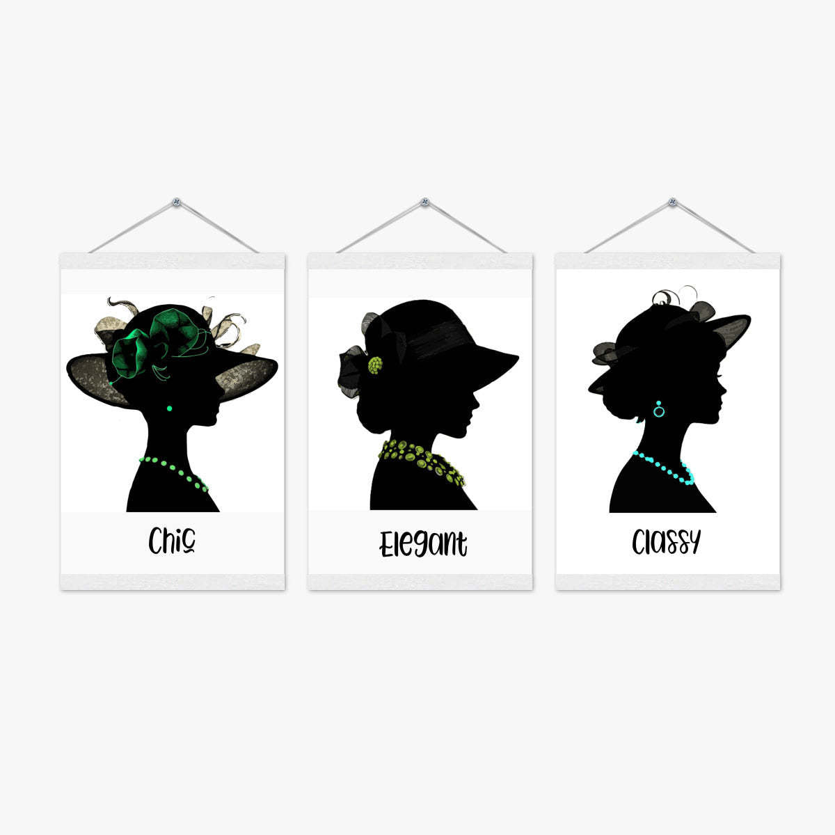 Fashionable Display of 3 Women with Hats and Jewelry on High Quality Canvas