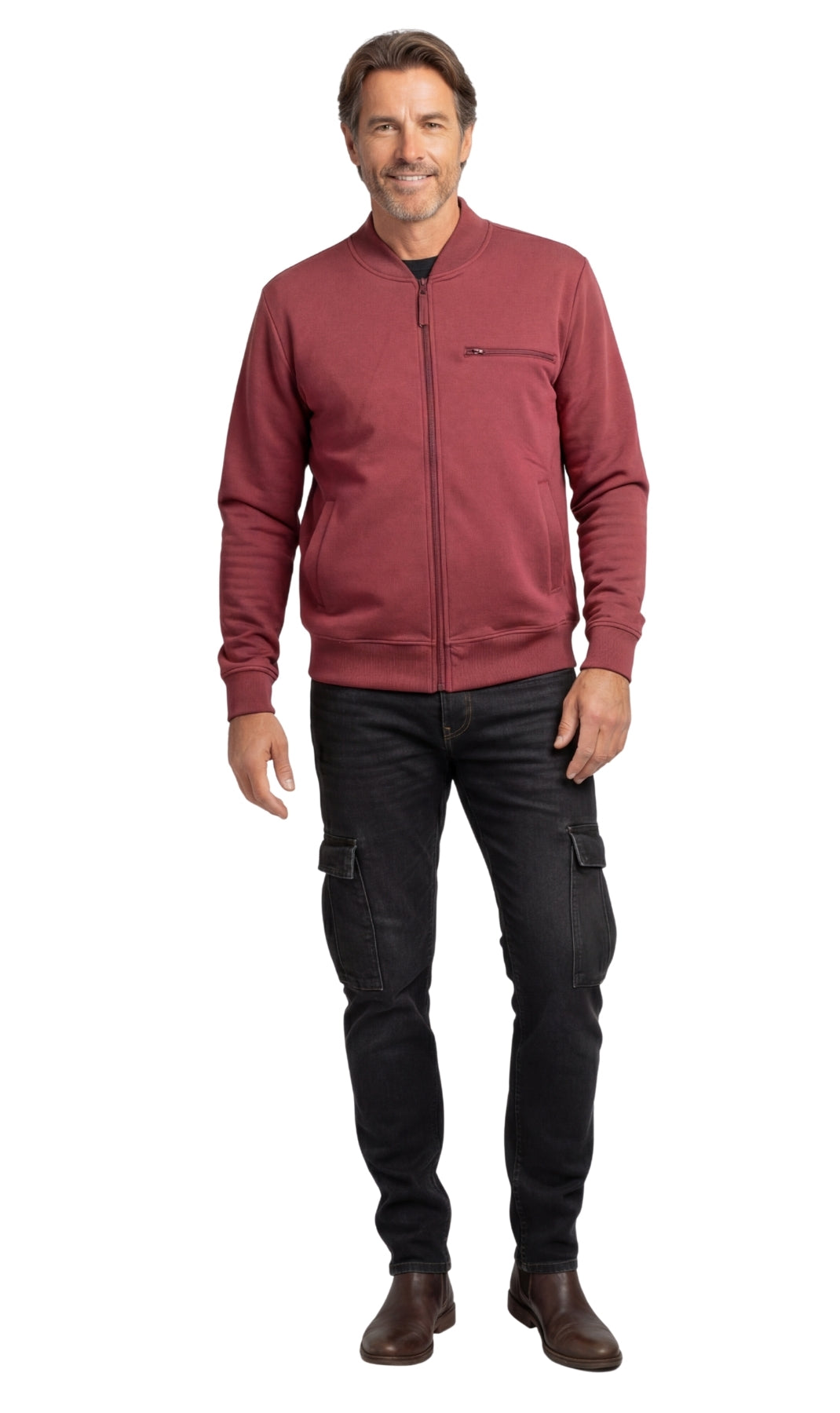 Chaqueta de béisbol de forro polar clásica con cremallera para hombre en tejido ligero de mezcla de algodón con un toque deportivo