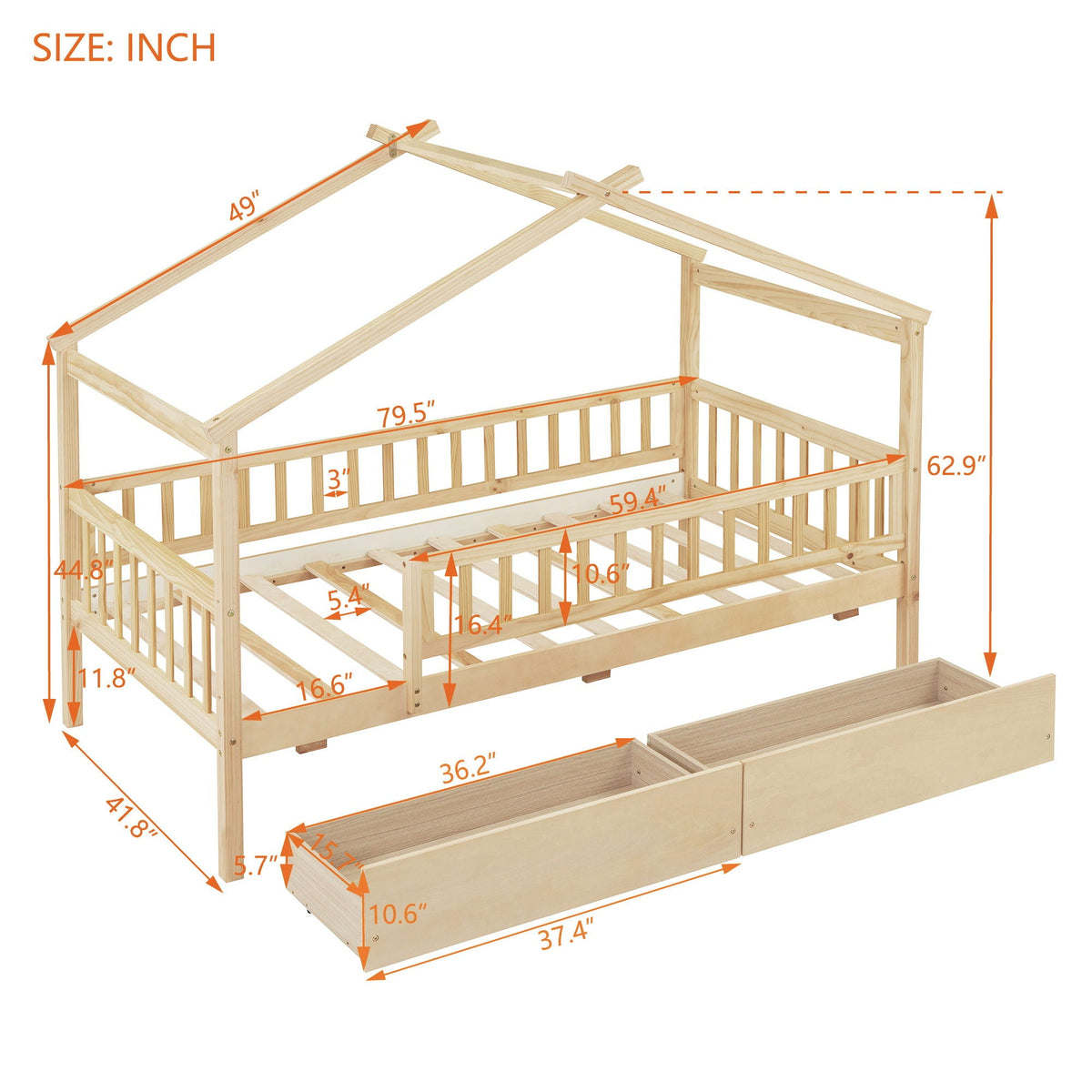 House Bed With 2 Drawers
