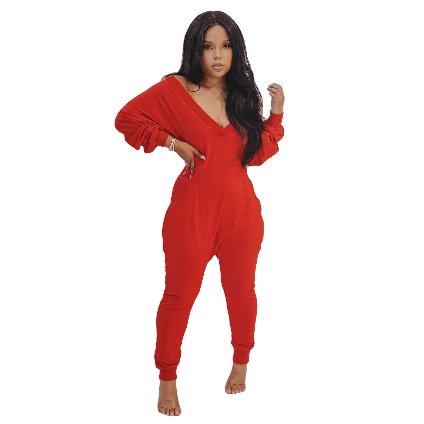 Women Clothing V neck Jumpsuit Sexy Sweatshirt Jumpsuit Long Sleeve Autumn Winter Pajamas