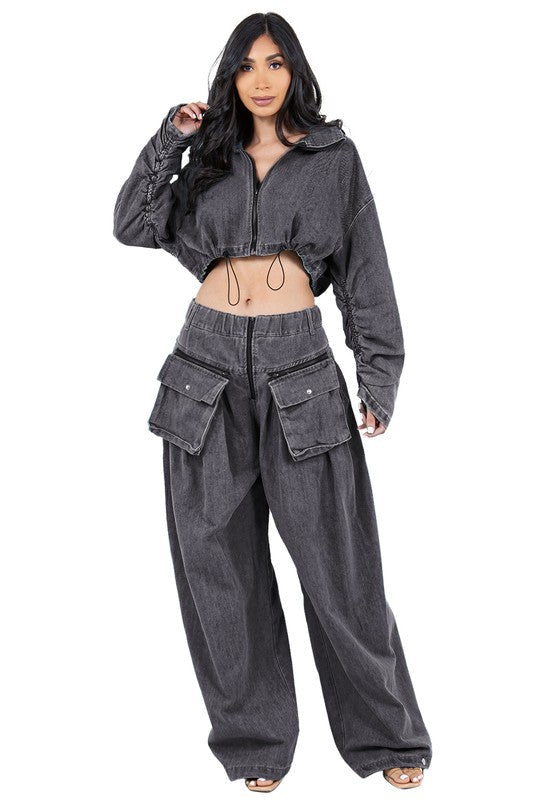 WOMEN FASHION DENIM TWO PIECE PANT SET